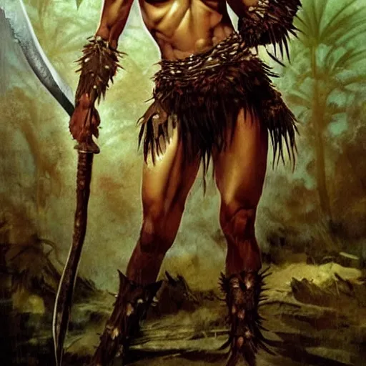 Prompt: Muscular savage warrior girl, wearing barbarian caveman pelt, cavewoman, wild spiky black hair, electrified hair, tiger pelt, holding scimitar made of bone, battle-scarred, scars of battle, bloody, primeval fantasy, electricity, electrical aura, palm trees, pulp art, illustration, Frank Frazetta