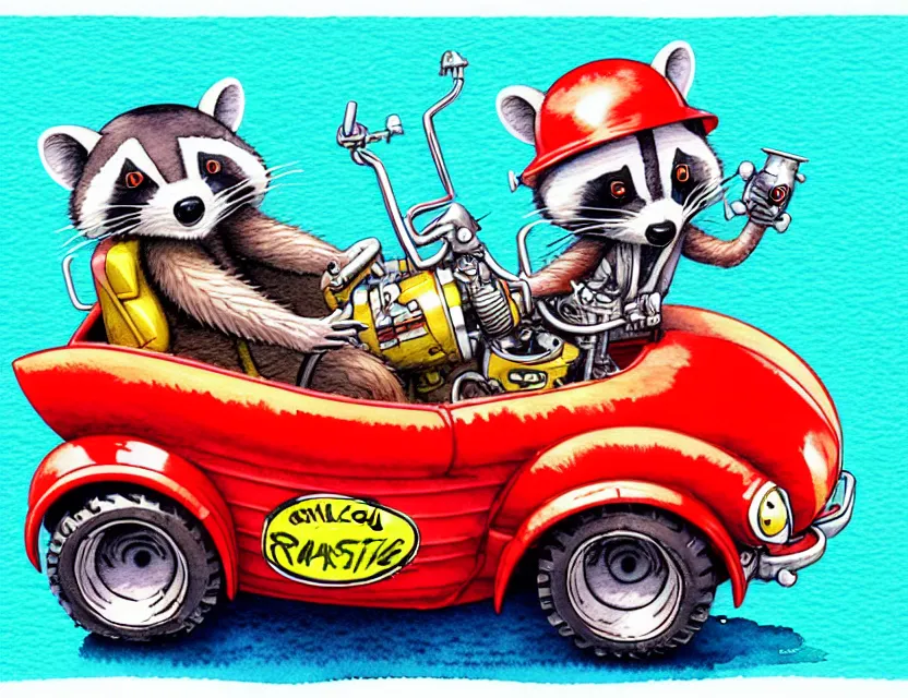 Image similar to cute and funny, < racoon wearing a red helmet > riding in a tiny hot rod with oversized engine, ratfink style by ed roth, centered award winning watercolor pen illustration, isometric illustration by chihiro iwasaki, edited by range murata, tiny details by artgerm and watercolor girl, symmetrically isometrically centered