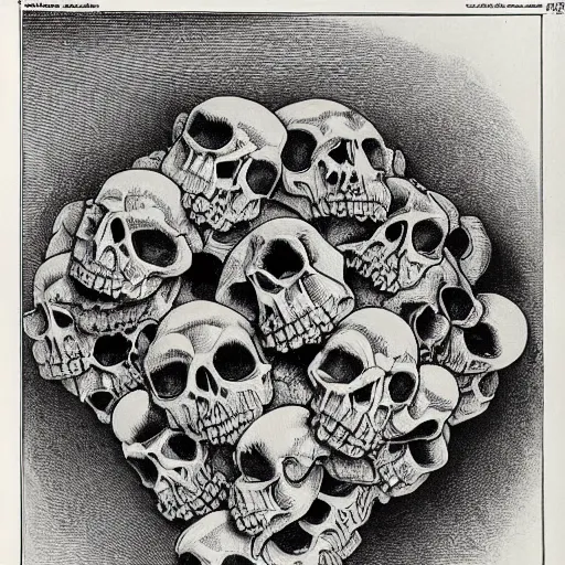 Image similar to skulls, hyperbolic tesselation by mc escher and jamnitzer and gustave dore