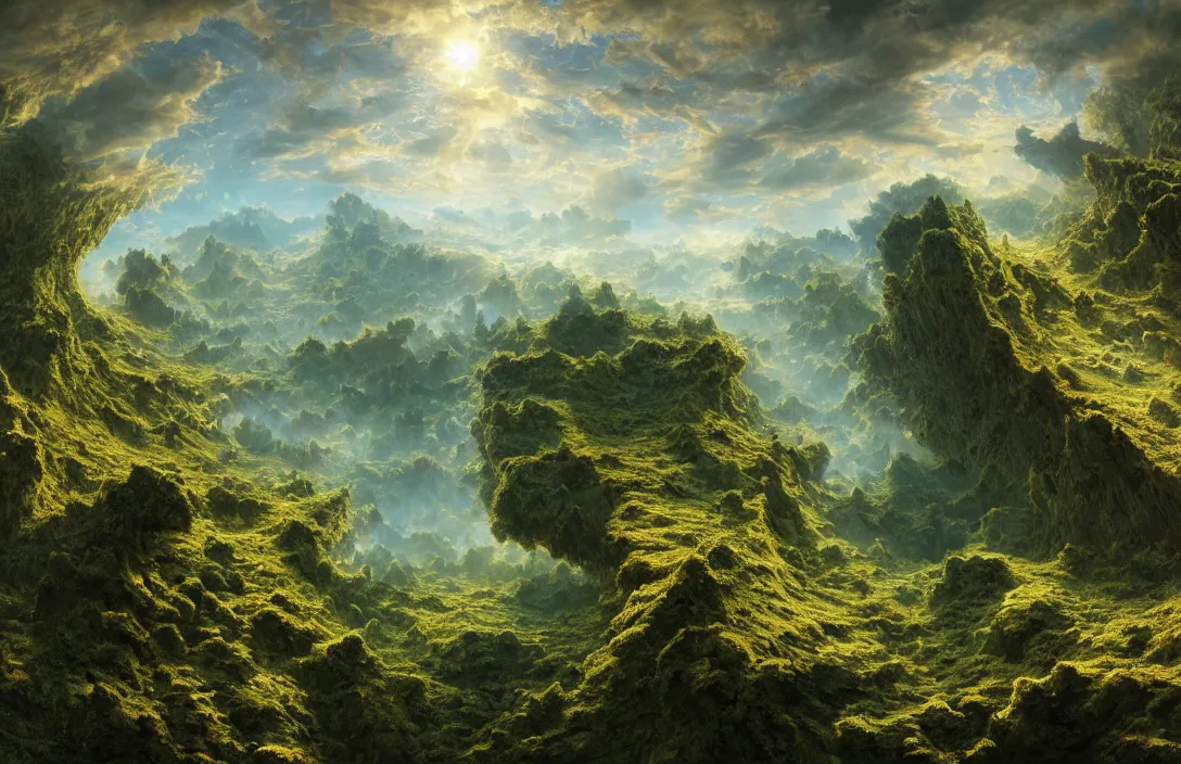 Image similar to mandelbrot mandelbulb swiss landscape, ridley scott, hyperreal phantastic green meadow landscape, small sailship, intricate details in environment, meeting point, portal, luminance, bright pastel colors, golden ratio, high aestehtic, cinematic light, godrays, distance, clear atmosphere, photobash, wideangle, bierstadt, hyperreal 4 k