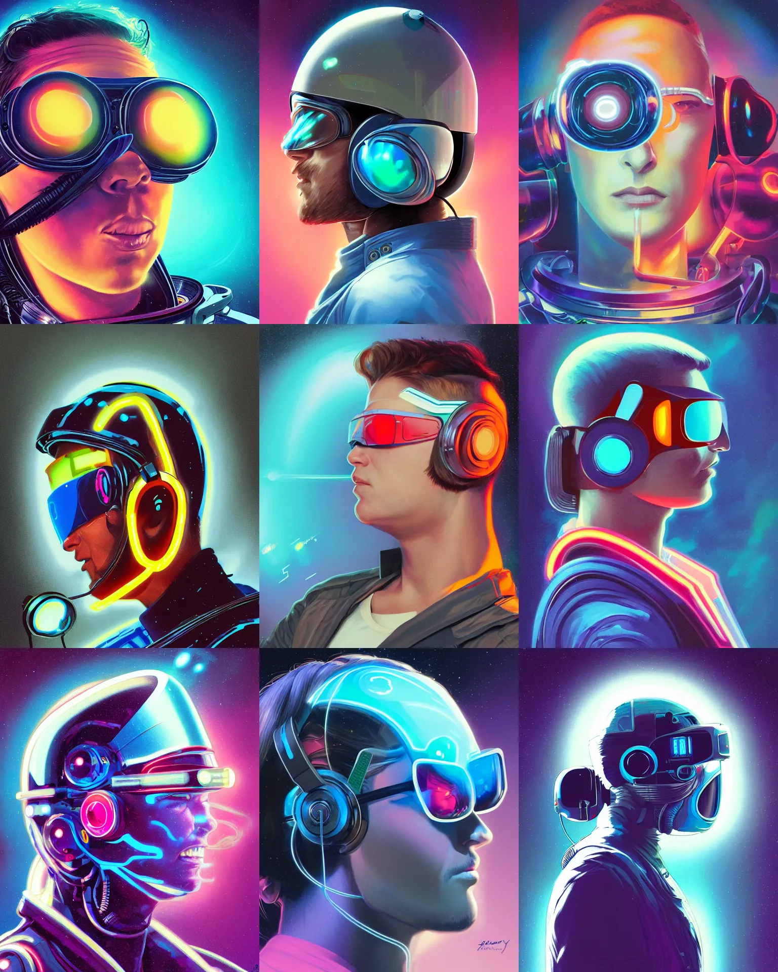 Prompt: side view future code, cyclops display over eyes bright headphoneset, neon lights, holographic, desaturated headshot portrait digital painting dean cornwall, rhads, john berkey, tom whalen, alex grey, alphonse mucha, donoto giancola, astronaut cyberpunk profile