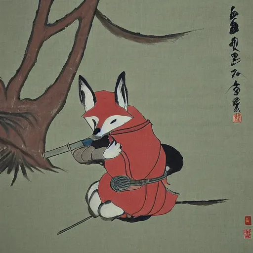 Image similar to samurai fox with a katana. sakura forest in the background. old japanese painting. fresco