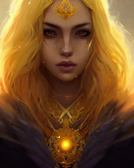 Prompt: a beautiful sun sorceress, flowy yellow gold hair, golden eyes, summer, cinematic lighting, highly detailed, digital painting, trending on artstation, pixiv, concept art, sharp focus, illustration, art by ross tran and wlop, dark art