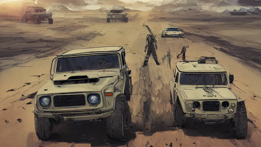 Image similar to digital illustration of mad max's fj 4 0 pursuit special, the last v 8 interceptor driving down a deserted dessert highway in the middle of the day by studio ghibli, anime style, by makoto shinkai, ilya kuvshinov, lois van baarle, rossdraws, basquiat