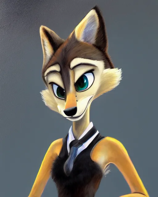 Image similar to oil painting of anthromorphic female wolf, in style of zootopia, female fursona, furry, furaffinity, 4 k, deviantart, furry art, fursona art, wearing black business suit, business suit, wolf fursona, female, very expressive detailed feminine face,