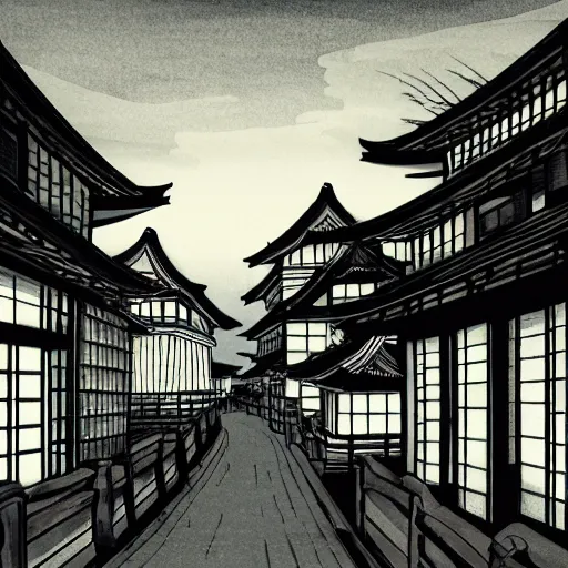 Image similar to a beautiful ink painting of buildings in japanese traditional style, in the style of hiroshi yoshida, at night, light effect, detailed, high - definition, exquisite isolated very detailed, moody lighting, 8 k highly detailed, trending on artstation