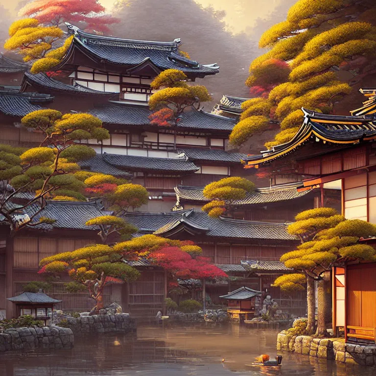 Prompt: old japanese town with garden viewed from harbor, d & d digital painting, ultra realistic, beautiful, volumetric lighting, warm colors advance, cell shading, by james jean, greg rutkowski,