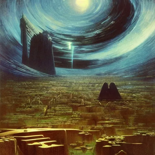 Image similar to The world is labyrinthine beyond possibility of imagining, inhabited on many levels by alien intelligence, infinite in extent, staggering in its beauty, terrifying in its weirdness, endlessly satisfying and peculiar, by John Constable and Ralph McQuarrie and Bruce Pennington