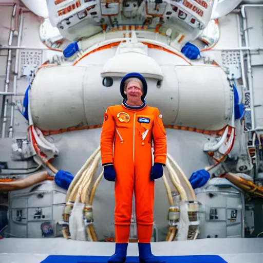 Prompt: A Soviet cosmonaut in the orange spacesuit SK-1, Vostok-1, EOS-1D, f/1.4, ISO 200, 1/160s, 8K, RAW, unedited, symmetrical balance, in-frame