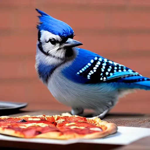 Prompt: bluejay eating pizza