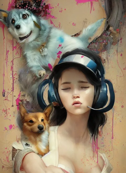 Image similar to beautiful fantasy painting of a Hiphop Lofi attractive girl and her corgi chilling to music, by Kenne Gregoire, James Jean, Tran Nguyen, WLOP, Jakub Rebelka. trending on Artstation, 8k, masterpiece, face enhance, graffiti paint, fine detail, full of color, intricate detail, golden ratio illustration