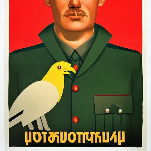 Image similar to soviet propaganda poster depicting a dromaius novaehollandiae in military uniform