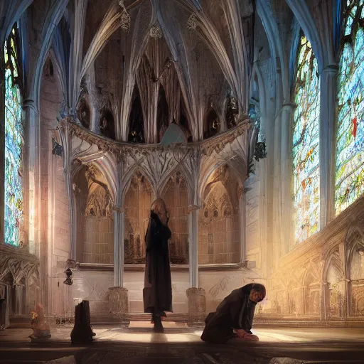 Image similar to angel protecting man who is praying inside a gothic church by Stanley Artgerm Lau, WLOP, Rossdraws, James Jean, Andrei Riabovitchev, Marc Simonetti, Yoshitaka Amano, ArtStation, CGSociety