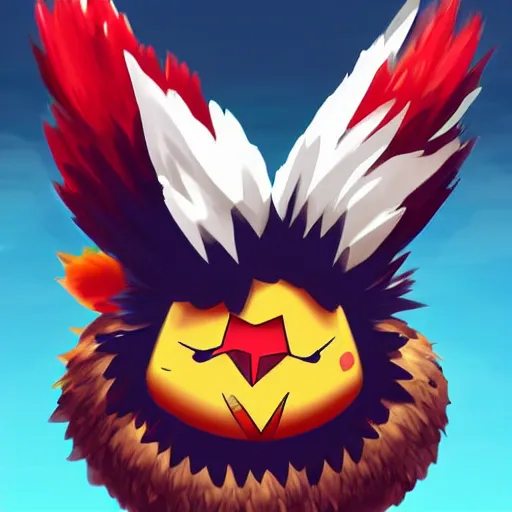 Prompt: A pokemon that looks like a rooster, The coconut shell wrapped around him,The rooster hides inside and sticks his head out to peek，Trending on art station. Unreal engine.