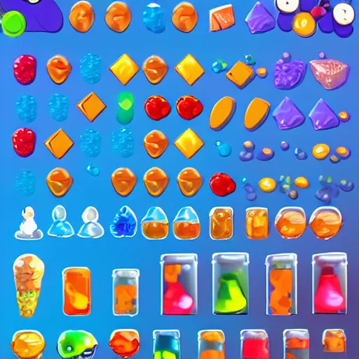 Prompt: game assets spritesheet, jelly candies, android game, very detailed