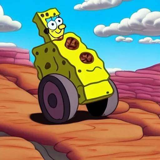 Image similar to the pioneers used drive ride these babies for miles, spongebob, large boulder, delivering pizza