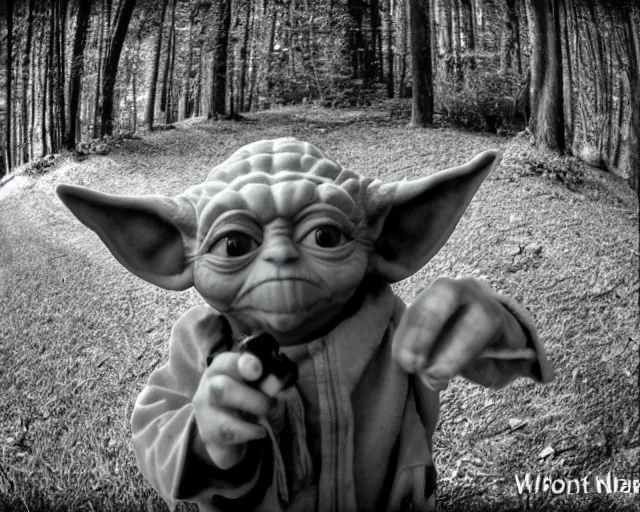 Prompt: trailcam image of drunk yoda, pointing at the camera, black and white, nightshot, fish eye lens, grainy, cdx