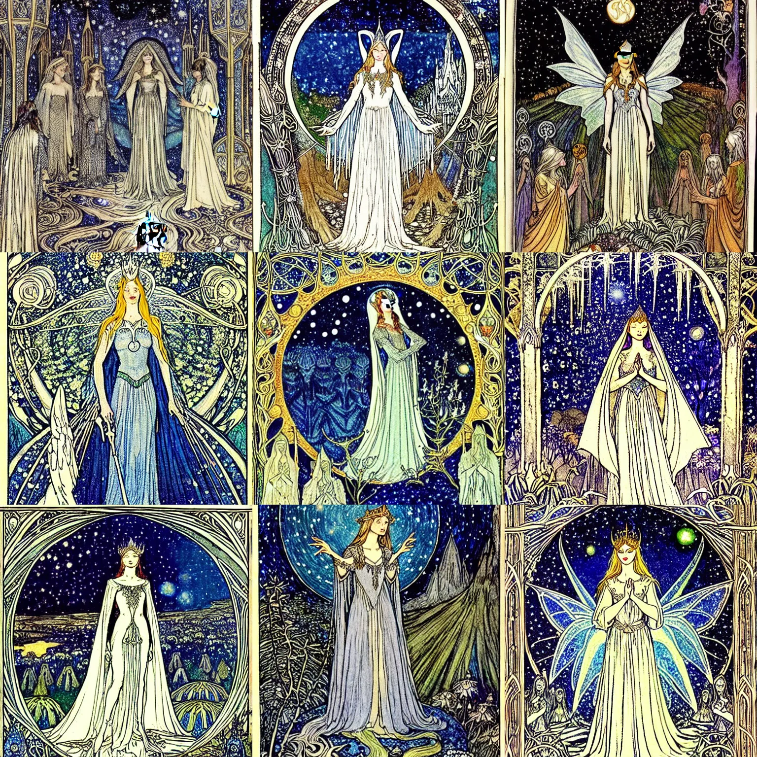 Prompt: The coronation of Galadriel as a fairy queen, the background is a forrest, starry night, detailed, blue tones, silver, romantic, intricate fairy tale illustration from an old book by Walter Crane, Florence Harrison and Arthur Rackham