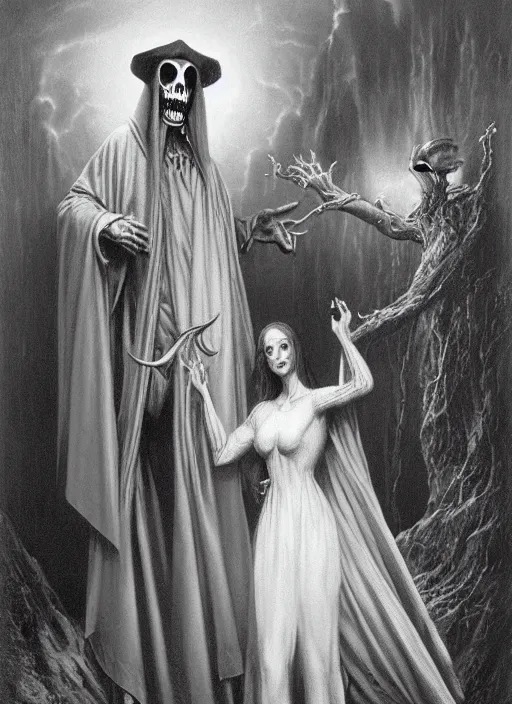 Prompt: the grim reaper meetup with dracula. gustave dore and anne stokes,