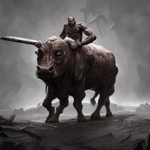 Image similar to Bull zoomorph creature carrying a big two-handed axe, dark atmosphere, angry look, highly detailed, digital painting, Trending on artstation , HD quality, by Augusto Ferrer Dalmau, dramatic light, octane