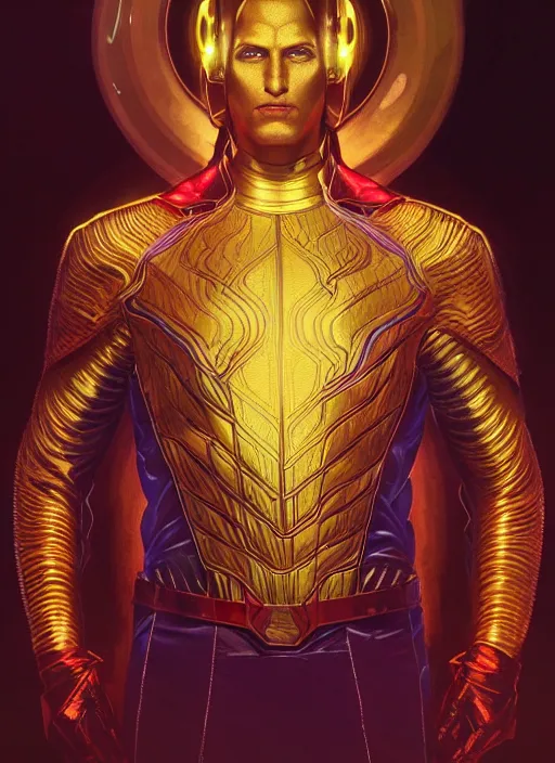 Image similar to portrait of Marvel's Adam Warlock, gold sci-fi armour, tech wear, glowing lights!! sci-fi, intricate, elegant, highly detailed, digital painting, artstation, concept art, smooth, sharp focus, illustration, art by artgerm and greg rutkowski and alphonse mucha