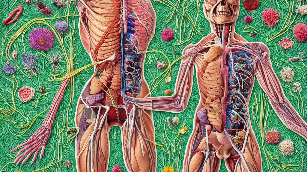 Image similar to highly detailed illustration of a human anatomy body exploded by all the known species of flowers by michael reedy