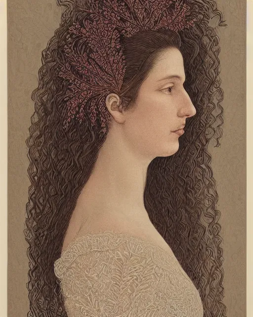 Image similar to a woman's face in profile, long flowing hair entwined in a coral reef, made of intricate decorative lace leaf, in the style of the dutch masters and gregory crewdson, dark and moody