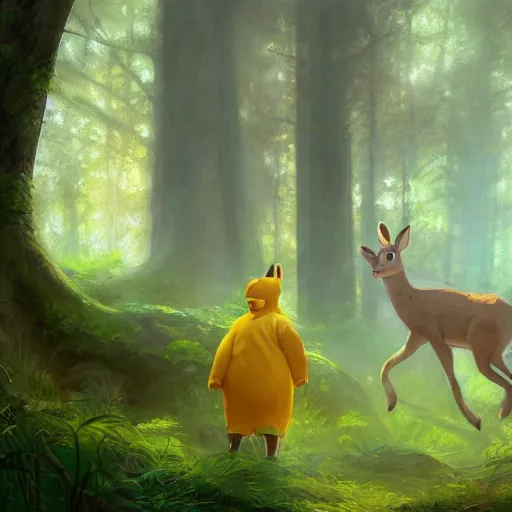 Image similar to concept art painting of an anthropomorphic humanoid elderly chubby doe deer wearing yellow robes, in the deep forest, realistic, detailed, cel shaded, in the style of makoto shinkai and greg rutkowski and james gurney