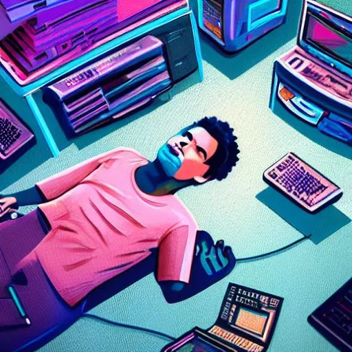 Image similar to aerial view of a guy laying on the floor of his bedroom surrounded by electronics computers food video games, vaporwave colors, faded effect, highly detailed, digital painting, artstation, concept art, soft light, sharp focus, illustration