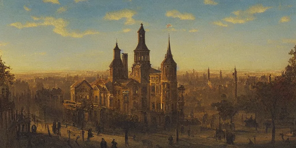 Image similar to portrait of a victorian town skyline, morning sunlight, 1 9 th century, highly detailed, cinematic lighting, painting in the style of john ward