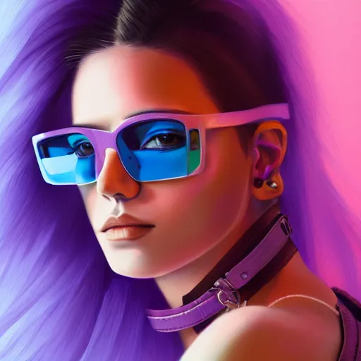 Image similar to closeup painting of a very beautiful young mexican cyberpunk woman with a smirk, wearing light blue shades and a purple leather jacket collar, one side haircut, long brown hair with light blue ends, portrait, hyperdetailed, artstation, cgsociety, 8 k, synthwave by tangerine dream