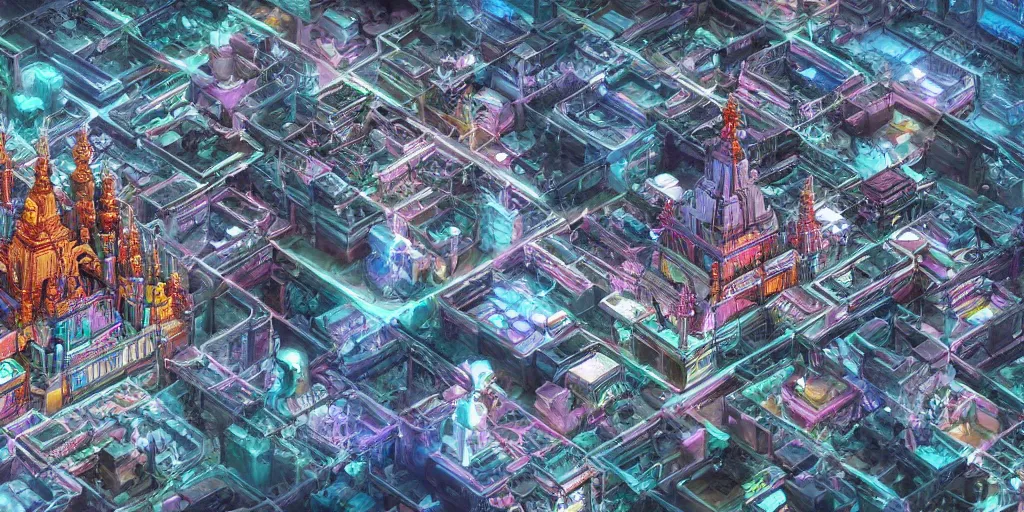 Image similar to A trending digital art of an aerial shot of a cyberpunk style grand Hindu temple in a futuristic city