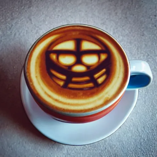 Image similar to “autobot latte foam art, high end photography”