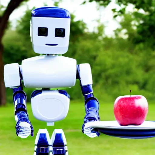 Image similar to a robot butler holding a plate with an apple on it.