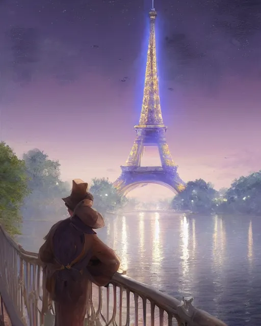 Image similar to over the shoulder landscape painting of violet evergarden, behind are distant lights from paris, eiffel tower, next to the reflecting ocean, nighttime, by vladimir volegov and Philipp A. Urlich and Pengzhen Zhang and Andreas Rocha, fantasy, intricate, elegant, highly detailed, digital painting, artstation, blender, unreal engine 5, octane render, smooth, sharp focus, illustration