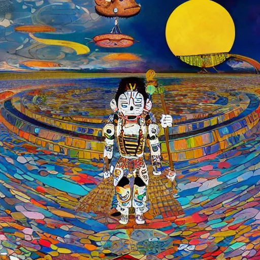 Image similar to a mayan warrior walking on water under the moon by takashi murakami, ernst haekl and james jean, aya takano color style, 4 k, super detailed
