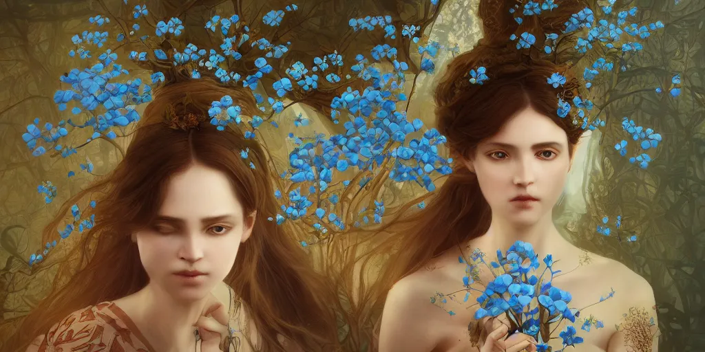 Image similar to breathtaking detailed concept art painting portrait of the goddess of nemophila flowers, orthodox saint, with anxious piercing eyes, ornate background, amalgamation of leaves and flowers, by hsiao - ron cheng, extremely moody lighting, 8 k