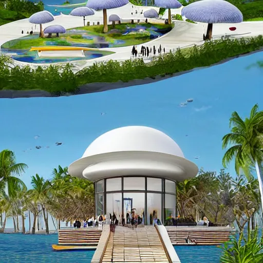 Image similar to architectural renderings, a seaside visitor center consisting of three mushroom - shaped buildings on the blue sea with tall coconut trees ， detailed