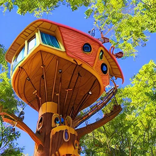 Prompt: Treehouse from the Pixar movie Up, solar, bright sky, vivid colors, beautiful