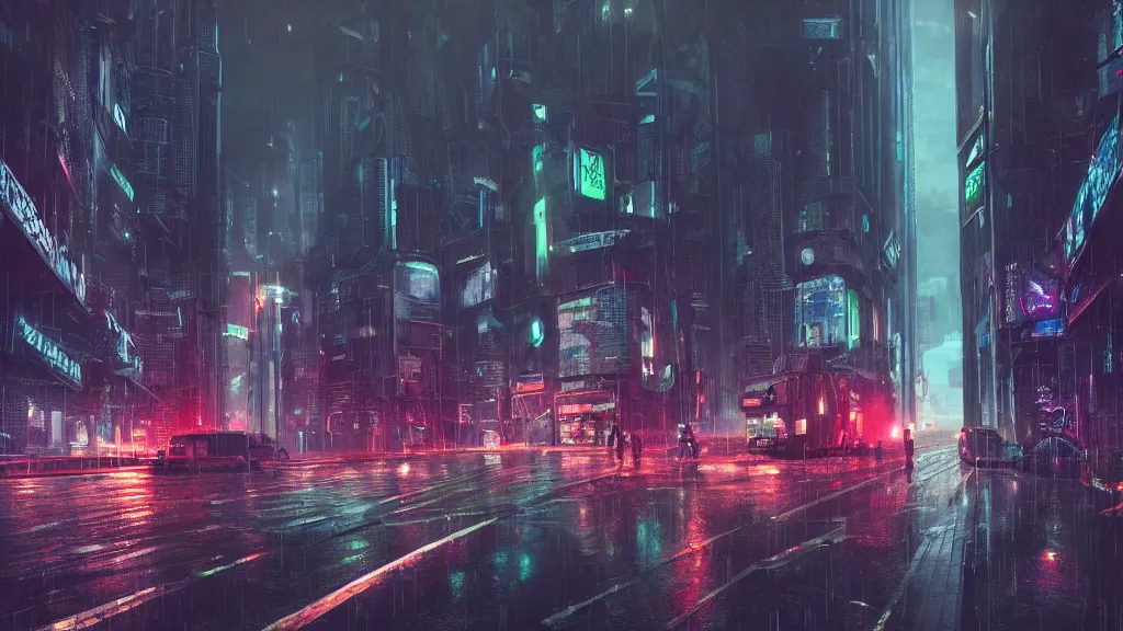 Prompt: cyberpunk london city. street view. night. raining. driving rain. digital render. digital painting. takaaki ito. cyril roland. ross tran. trending on artstation