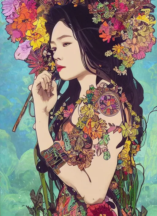 Prompt: !!! very coherent!!! oil painting, beautiful floralpunk iban bio mechanical portrait girl female illustration detailed patterns art of sarawak traditional dress, flower pop art, floral splash painting, art by ashley wood, alphonse mucha, makoto shinkai, geof darrow, dark shadow