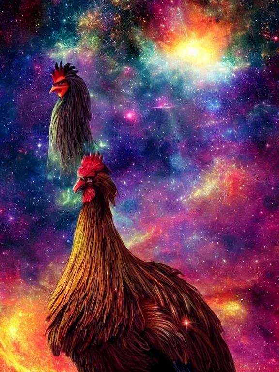 Prompt: a lone giant majestic rooster, centered, floating in space, center of the universe, \ galaxy cosmic nebula, epic, volumetric light, hyperrealistic, glitter, mega detailed, beautiful composition, beautiful lighting, unreal render, 4 k, vincent di fate, john berkey, michael whelan