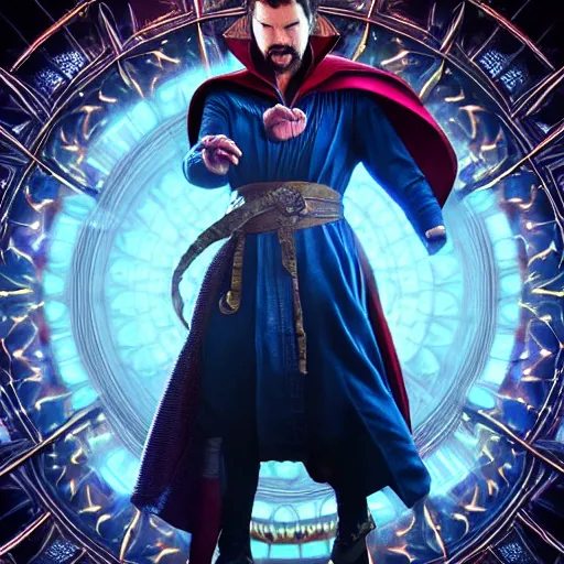 Image similar to full body pose, hyperrealistic photograph of doctor strange, dim volumetric lighting, 8 k, octane beautifully detailed render, extremely hyper detailed, intricate, epic composition, cinematic lighting, masterpiece, trending on artstation, very very detailed, stunning, hdr, smooth, sharp focus, high resolution, award, winning photo, dslr, 5 0 mm