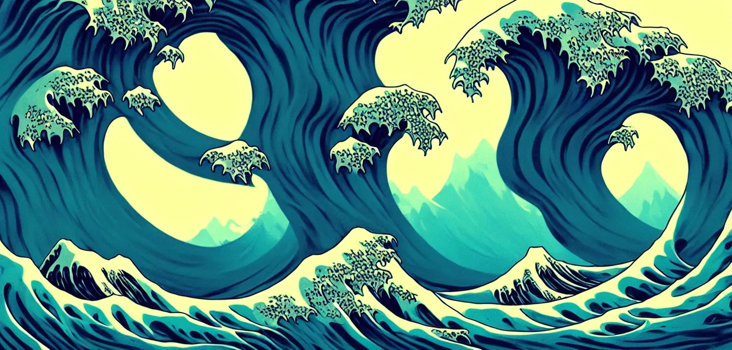 Prompt: detailed, concept art, low angle, high detail, warm lighting, volumetric, godrays, vivid, beautiful, A tree in the shape of the great wave off kanagawa, trending on artstation, by Jordan grimmer, huge scene, grass, art greg rutkowski