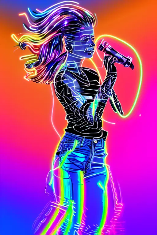 Image similar to a award winning half body portrait of a beautiful woman with stunning eyes in a croptop and cargo pants with rainbow colored ombre hairstyle head in motion and hair flying by thomas danthony, outlined by whirling illuminated neon lines, microphone, outrun, vaporware, shaded flat illustration, digital art, trending on artstation, highly detailed, fine detail, intricate