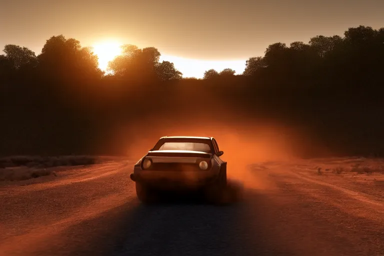 Image similar to far away rally car on the dirt road silhouette, extremely detailed digital art, sunset, gradient photorealistic, 8k