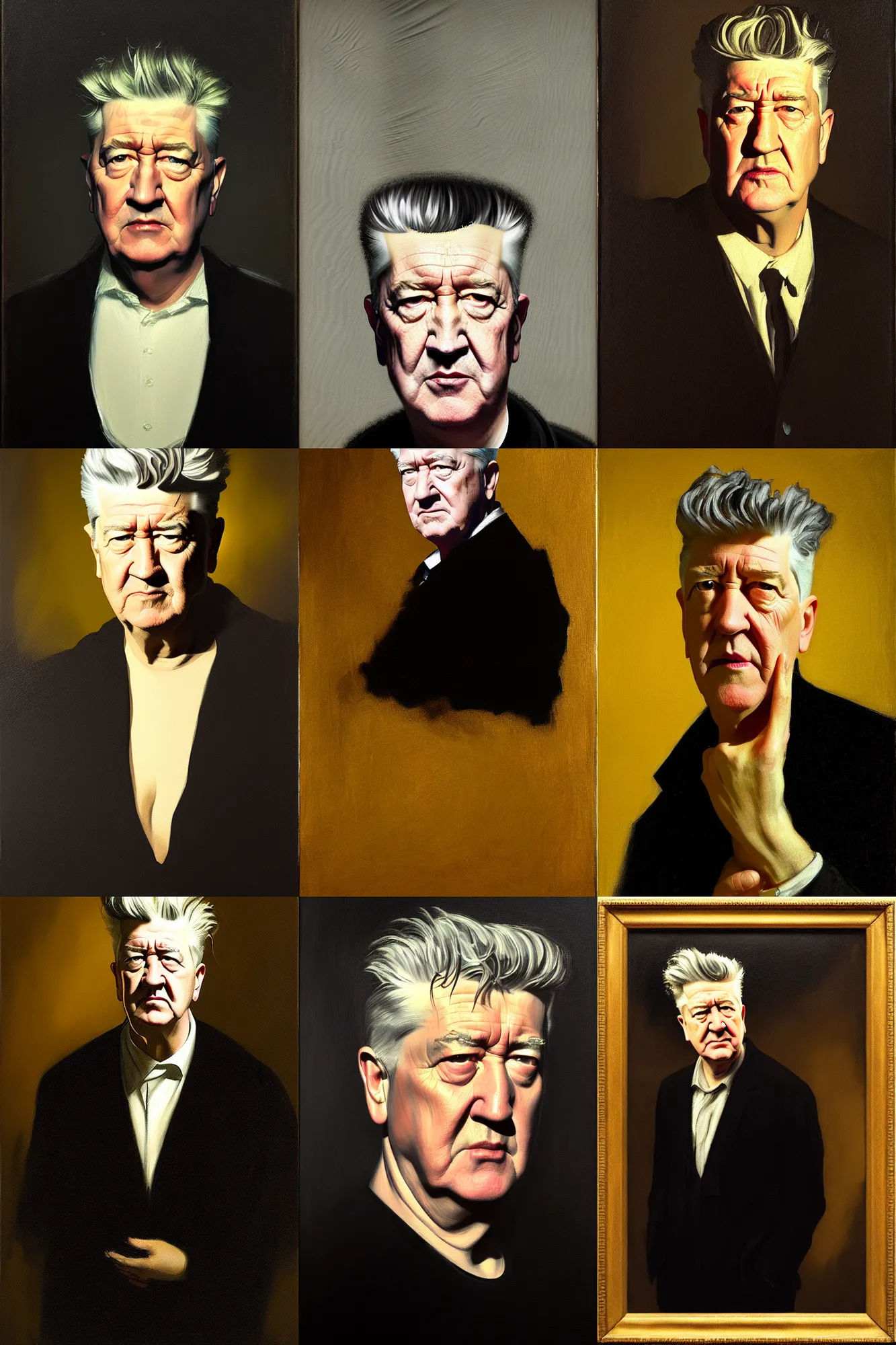 Prompt: david lynch portrait, oil painting by goya, digital painting, concept art, chiaroscuro, golden ratio, rule of thirds