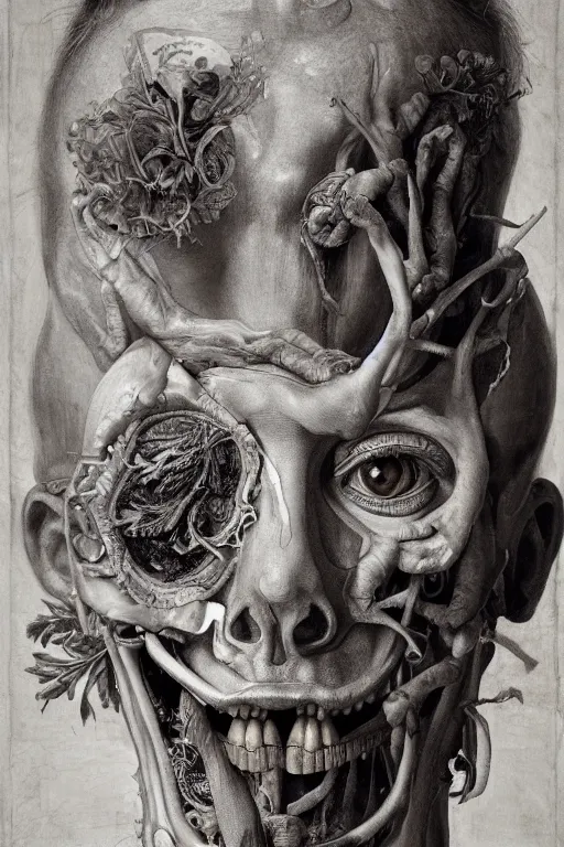 Image similar to Detailed maximalist portrait of a greek god with large lips and eyes, scared expression, botanical anatomy, skeletal with extra flesh, HD mixed media, 3D collage, highly detailed and intricate, surreal illustration in the style of Jenny Saville, dark art, baroque, centred in image