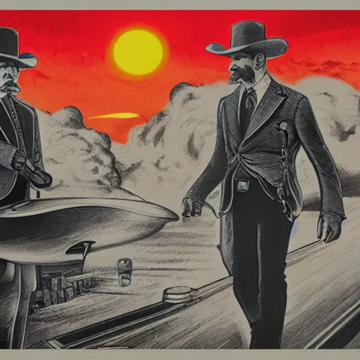 Image similar to hand drawn image of wyatt earp and doc holliday standing on the deck of a futuristic spacecraft, high detail, ultra realistic