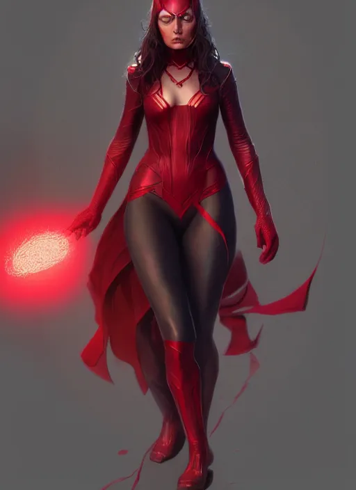 Image similar to Scarlet Witch, full body portrait, hyper detailed, digital art, trending in artstation, cinematic lighting, studio quality, smooth render, unreal engine 5 rendered, octane rendered, illustration, art style by klimt and krenz cushart